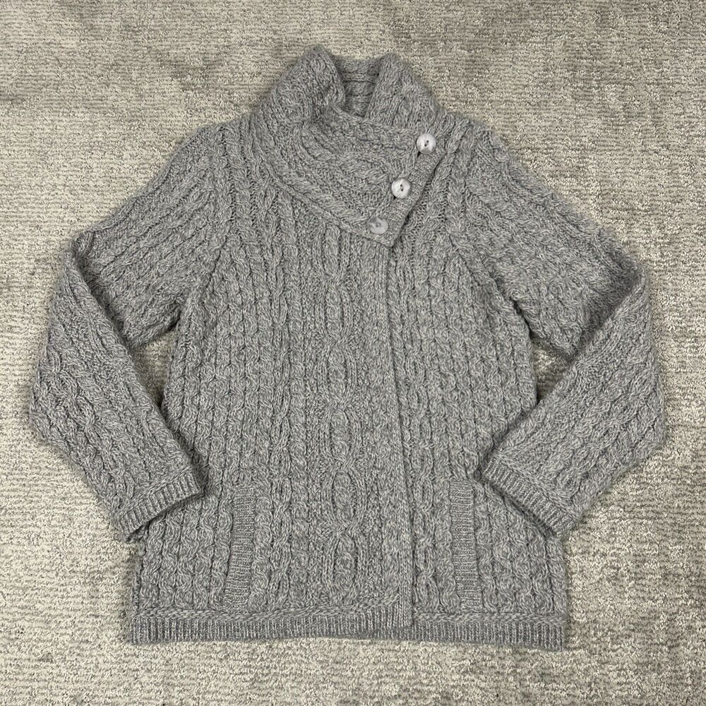 Aran Crafts Cardigan Sweater Womens Small Merino Wool Gray Button Collar Ireland